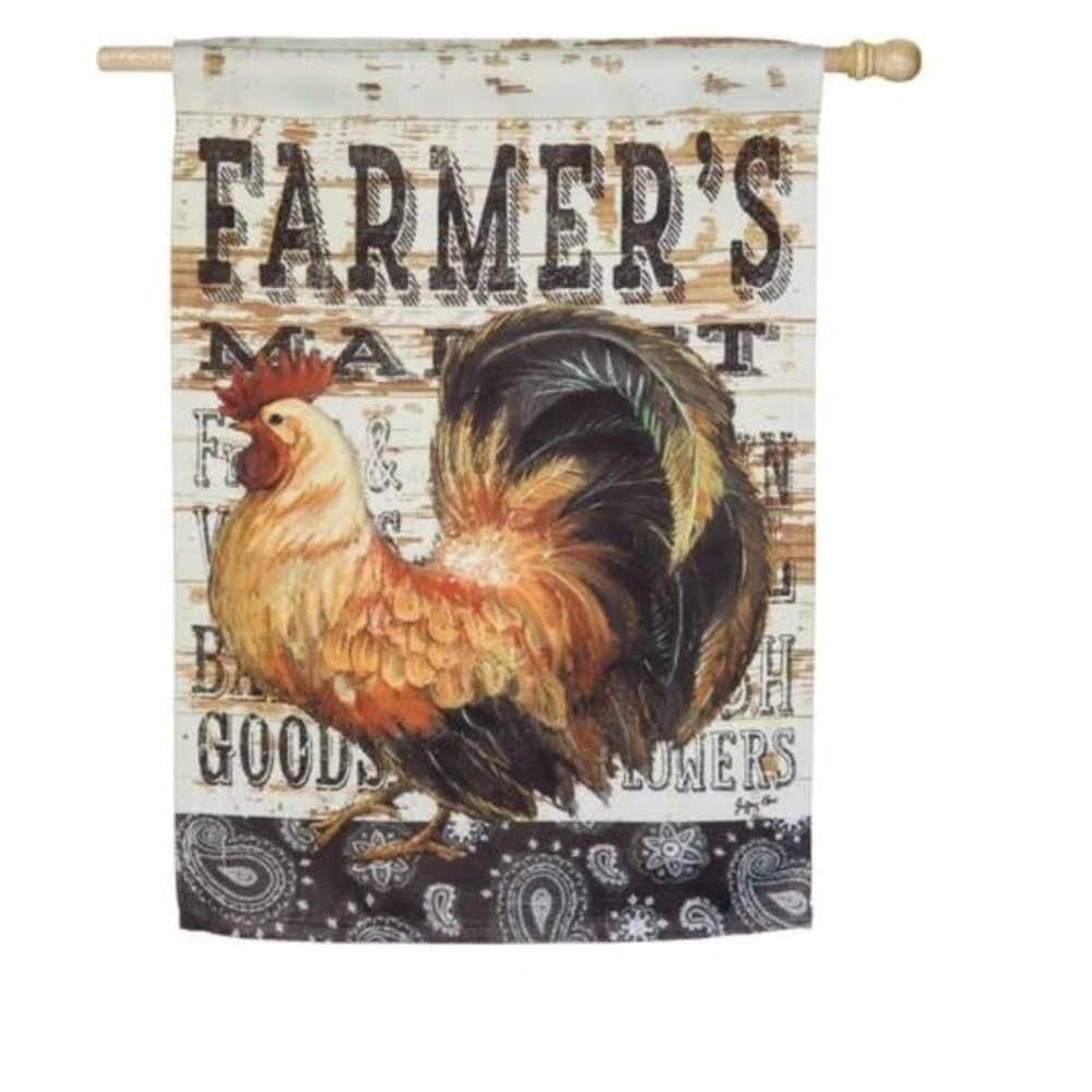 NEW Evergreen Suede Reflections Wood Backed Rooster Large Garden Flag  29"×43"